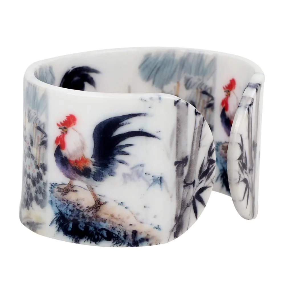 Bonsny Plastic Chinese Pastoral Chicken Painting Bangles Bracelets Fashion Ethnic Vintage Craft Jewelry For Women Girls Ladies