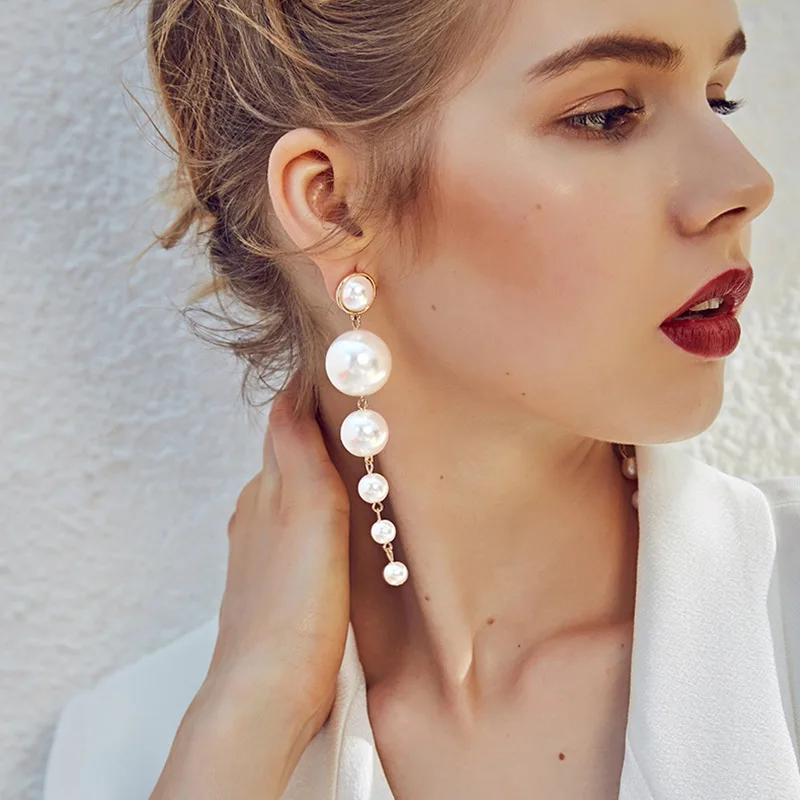 Trendy Elegant Created Big Simulated Pearl Long Earrings Pearls String Statement Dangle Earrings For Women Wedding Party Gift