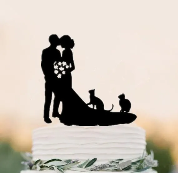 Mixed Style Black Acrylic Bride and Groom Silhouette with Pet Dog Cat Mr & Mrs Toppers for Wedding Cake Decorating Accessory