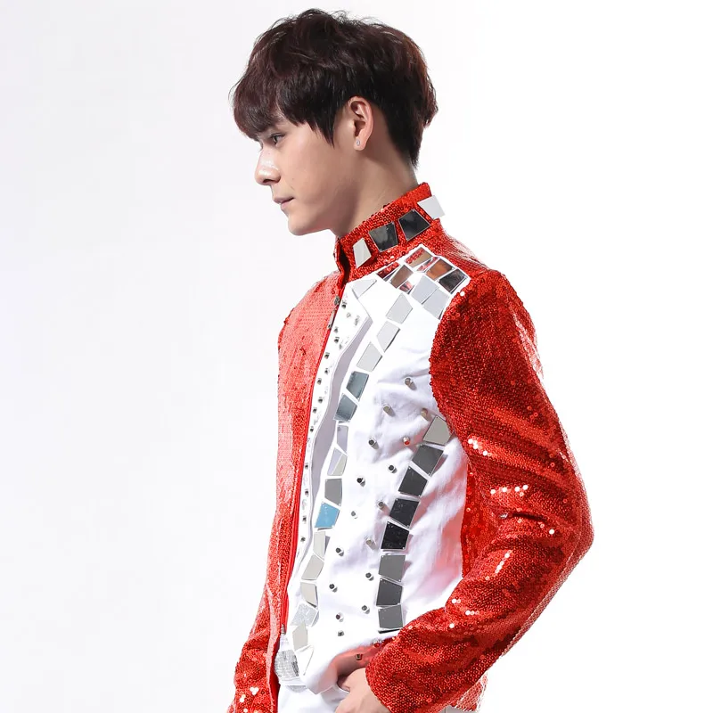 Men Red Sequins Mirror Rivet Jacket Zipper Slim Coat Bar Nightclub Male Singer DJ Rock Punk Jazz Dance Costume Singer Stage Wear