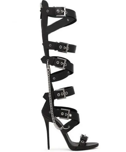 Summer Sexy Ladies Black Metal Buckle Straps Knee High Sandals Boots Stiletto High Heels Metal Chains Women Cut Out Long Boots