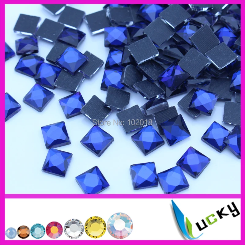 2014 new design crystal hotfix rhinestone iron on!288pcs 8x8mm square shape sapphire color hot fix strass for transfers