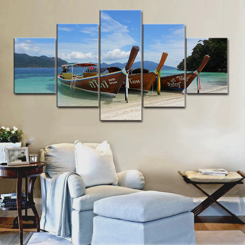 

Beautiful Scenery of the Seaside Sea Boats Poster and Print Thailand Long Tail Boat Canvas Painting for Home Decor Drop Shipping