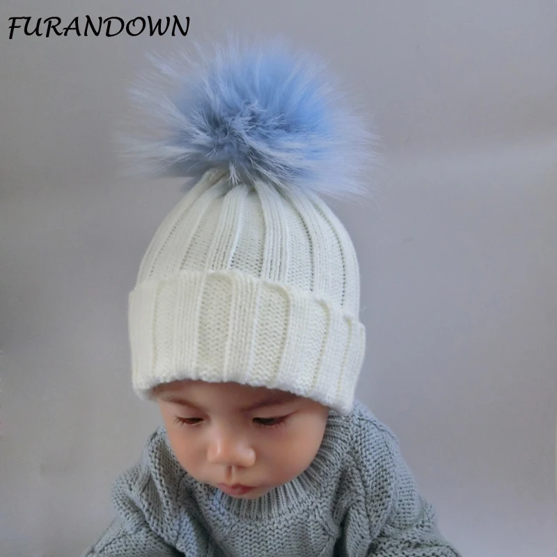 

FURANDOWN Baby Winter Cap Baby Hat Pompon Beanie Colorful Real Fur Pompom Hat For Kids