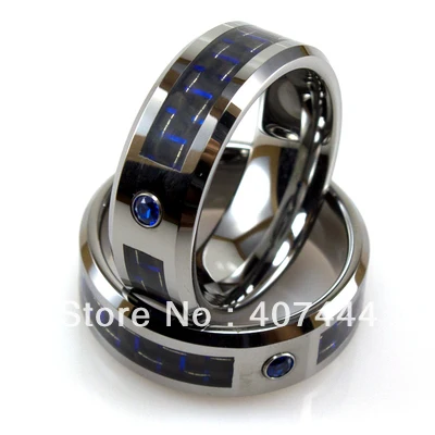 Free Shipping!Wholesales USA Hot Sales Jewelry Mens Tungsten Ring With Blue Carbon Fiber Inlay&CZ Stud His/Her Best Wedding Ring