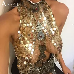 AKYZO Festival Club Party Tank Women Sexy Handmade Acrylic Sequins Body Metal Chain Halter Camis Top Silver Gold
