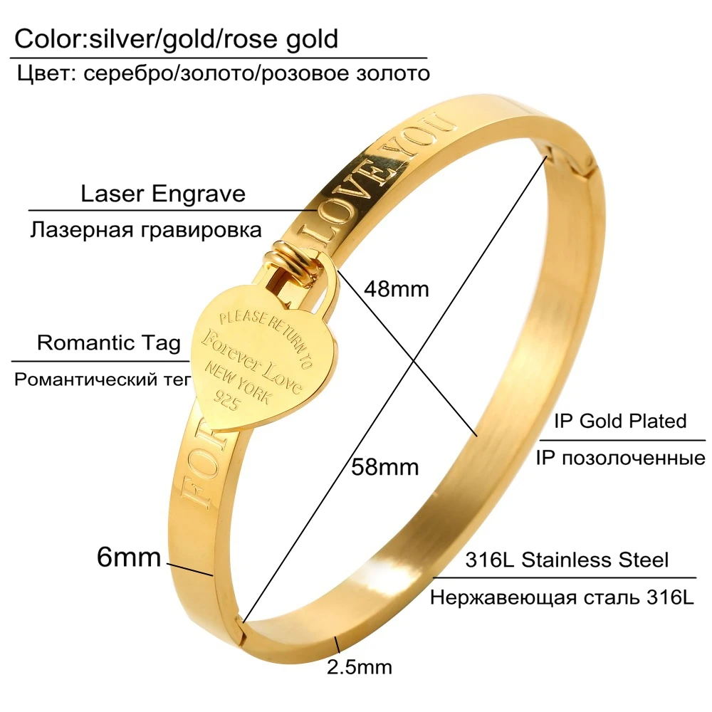 Trendy Stainless Steel Bangles Bridesmaid Gift Gold Color Cuff Bangle Forever Love Heart Bangles Bracelets Femme 2022