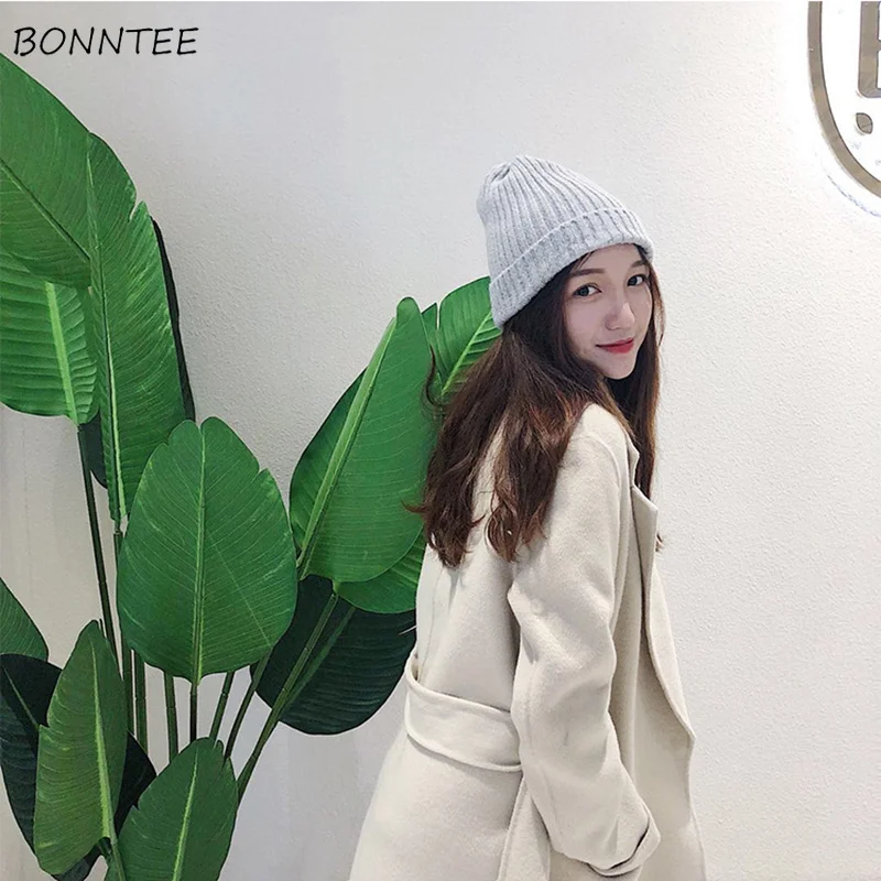 Beanies Women 2020 New Solid Knitted Warm Soft Trendy Hats Simple Korean Style Womens Wool Casual Caps Elegant All-match Beanie