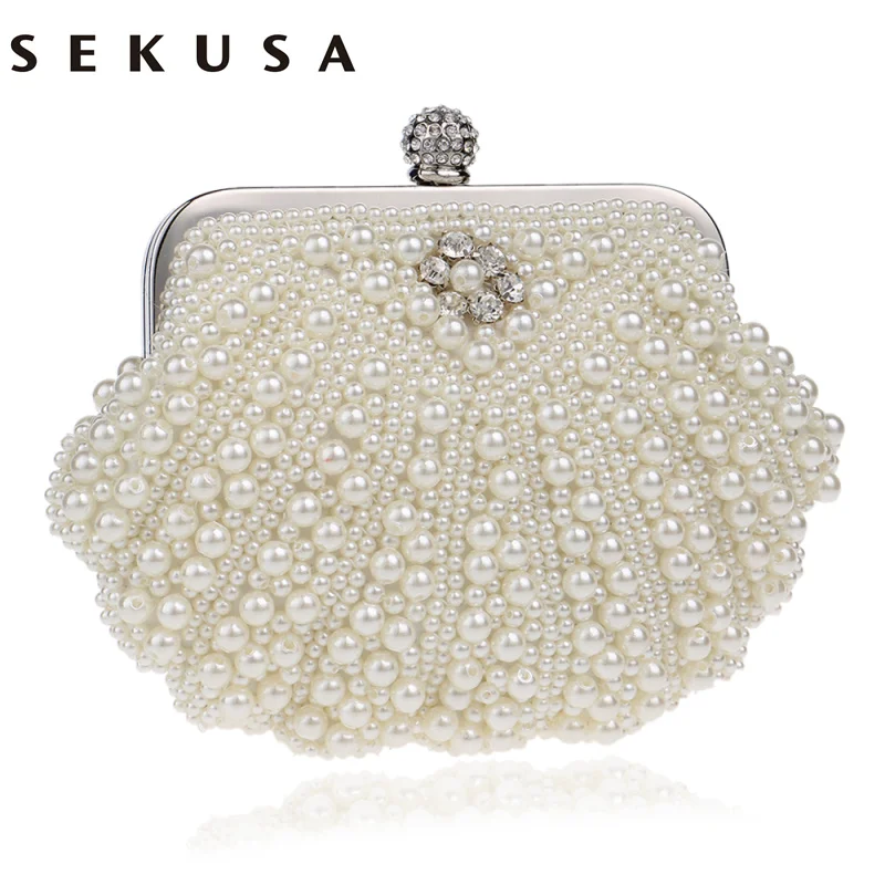 SEKUSA Shell Design Women Evening Bags Beaded Handmade Diamonds Chan Shoulder Messenger Bag Crystal Wedding Evening Bag