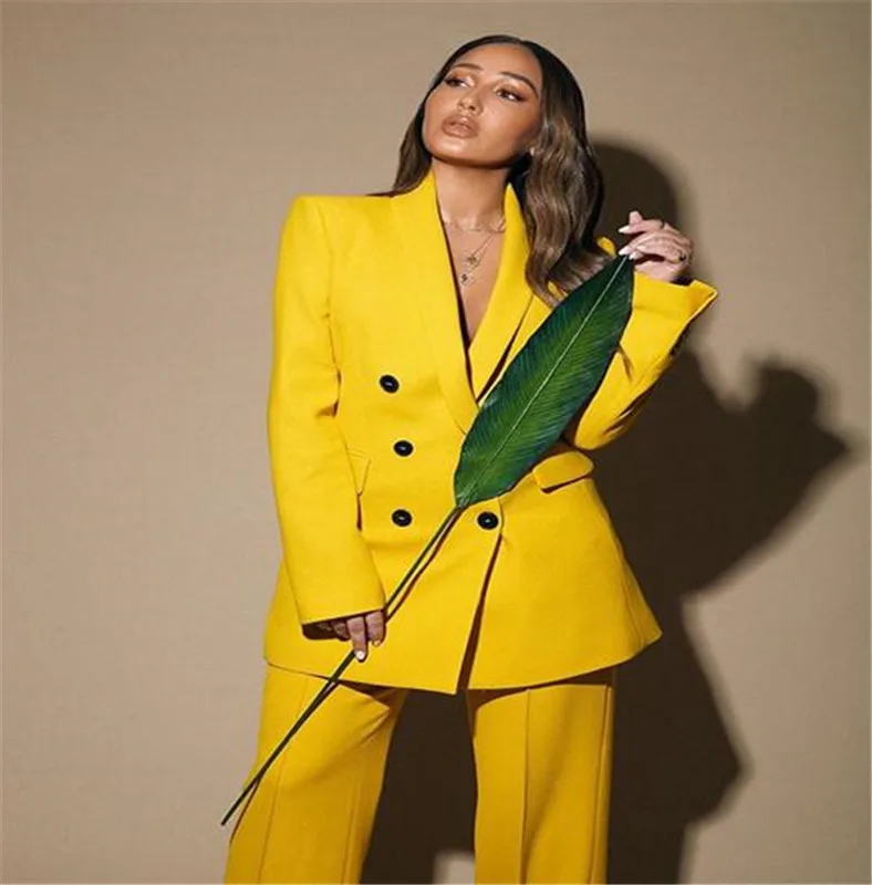 Yellow Pant Suits for Lady Plus Size Ladies Double Breasted Blazer+Pants for Work Pantsuit for Wedding Party Custom Made