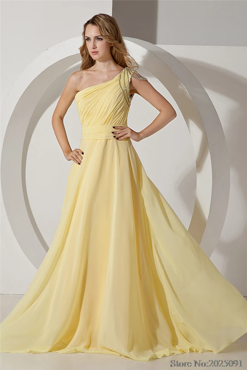 2019 Real Sample 100% As Picture Yellow Long Prom dress One-Shoulder Bling Evening Gown Chiffon vestido Longo longo