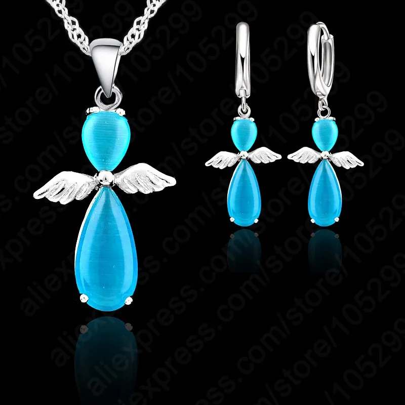 Trendy Natural Cat's Eye Opal Stone 925 Sterling Silver Angel Wings Pendant Necklace Lever Back Loop Earring Woman Jewelry Sets