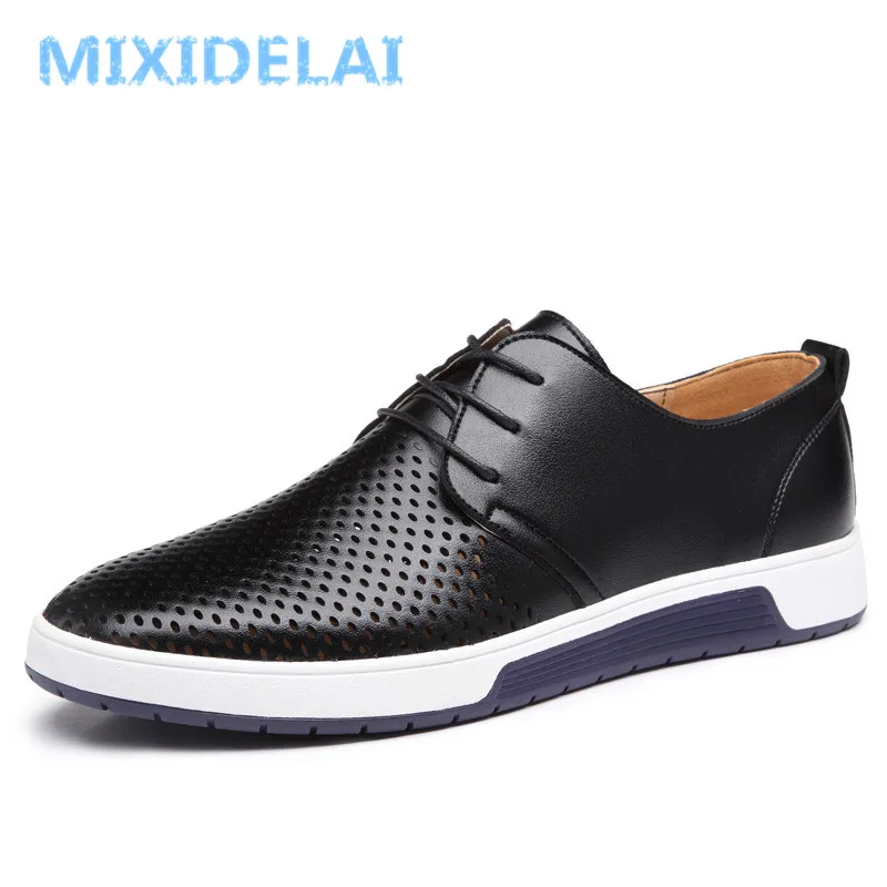 MIXIDELAI New Summer Breathable Holes Soft Male Casual Leather Shoes Adult Luxury Brand Flat Footwear Comfortable Shoes For Men