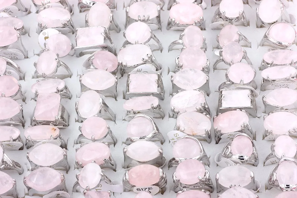 Wholesale Bulk 10Pcs Mix Style Natural Pink Quartz Stone Ring Band Zinc Alloy Ring Wedding Engagement Jewelry