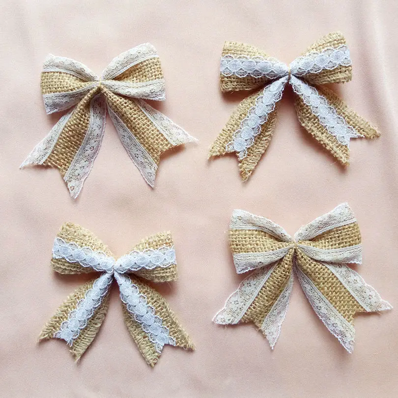 10pcs Vintage Natural Jute Burlap Hessian Bows Lace Ribbon Trim Rustic Wedding Decoration Party Home  Decor