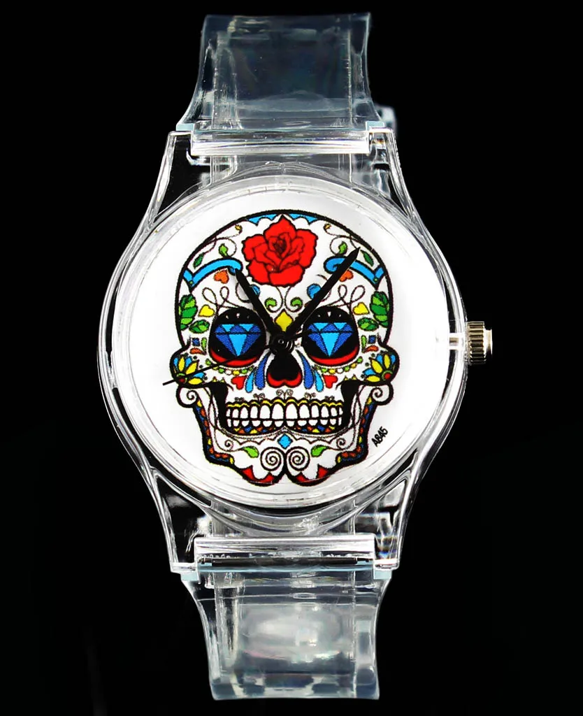 Reloj de cuarzo para hombre y mujer, pulsera con diseño de rosa, flor, Calavera, esqueleto, corazón, diablo malvado, banda transparente, color blanco