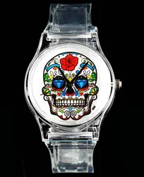 Rose Flower Skull Skeleton Heart Evil Devil Quartz Watch Fashion Men Women White Transparent Band Wrist Watches