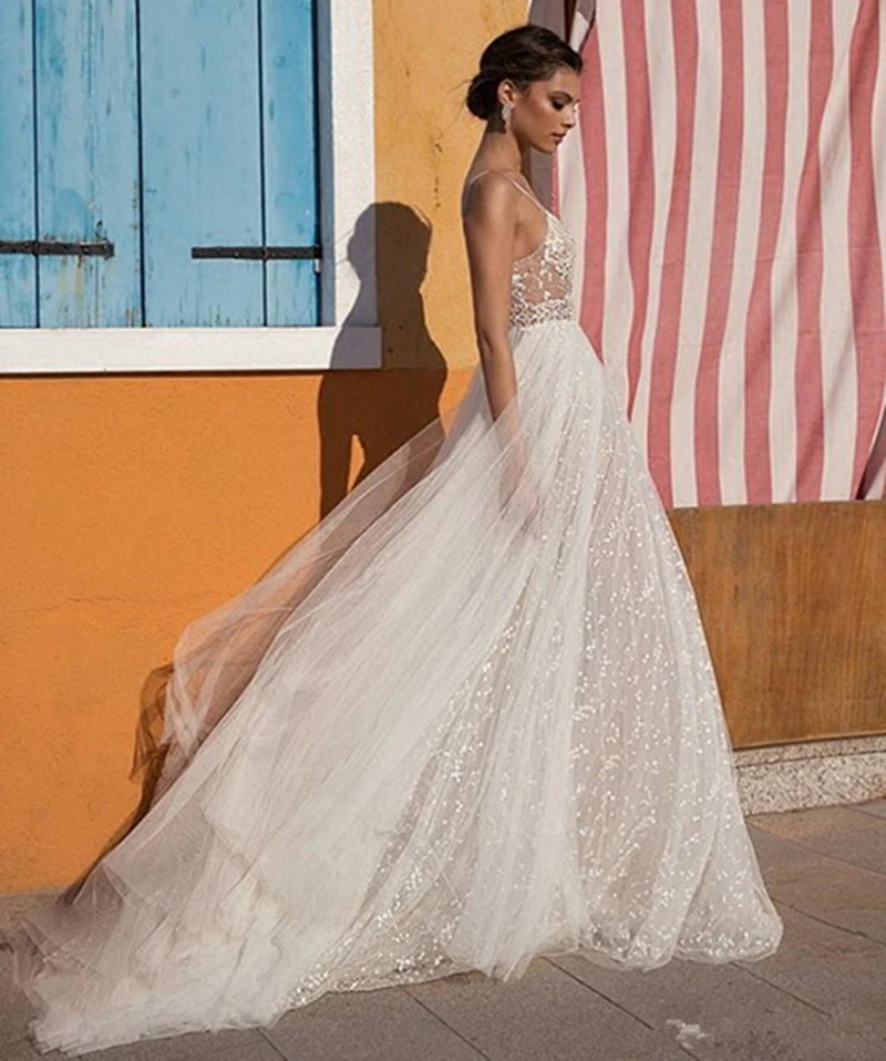 

Verngo 2021 New Design Appliques Tulle Evening Dress Boho Side Slit V-neck Formal Dress Custom Size Evening Gown