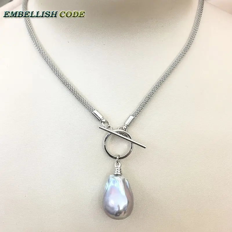 NEW OT circle clasp design gray grey baroque pearl pendant necklace flame ball shape snake Durable chain special