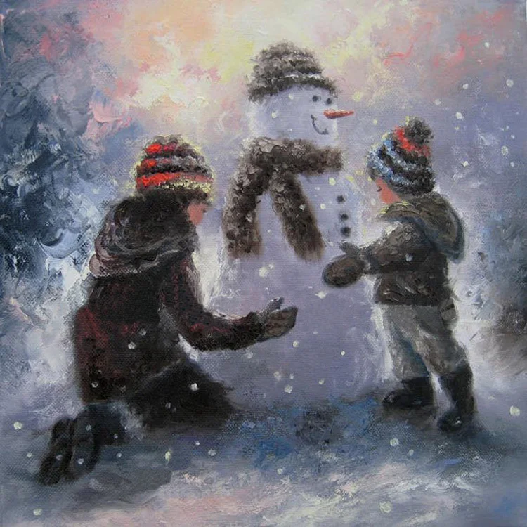 

Hand Painted Christmas Palette Canvas Oil Painting Wall Painting by Handicraft New Year Kids Play Snow Man Art Snow Landscape