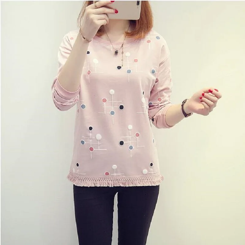 women Dot printed Tassels T-shirt 2021 spring autumn Casual Round Neck long Sleeve top Fashion Loose Street Top Female plus siz