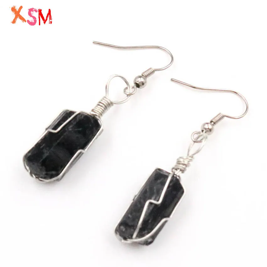 xinshangmie 1 set Natural Black Tourmaline Irregular Shape Wire Winding Pendant Earrings Charm Jewelry Sets For Women