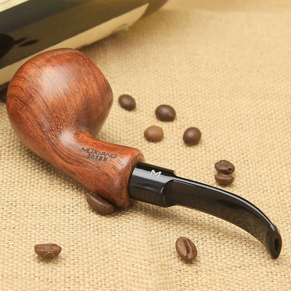 RU-MUXIANG 10Tools Kevazingo Wood Tobacco Pipe 9mm Activate Carbon Filter Bent Rhodesian Wooden Smoking Pipe Gift for Men ad0017