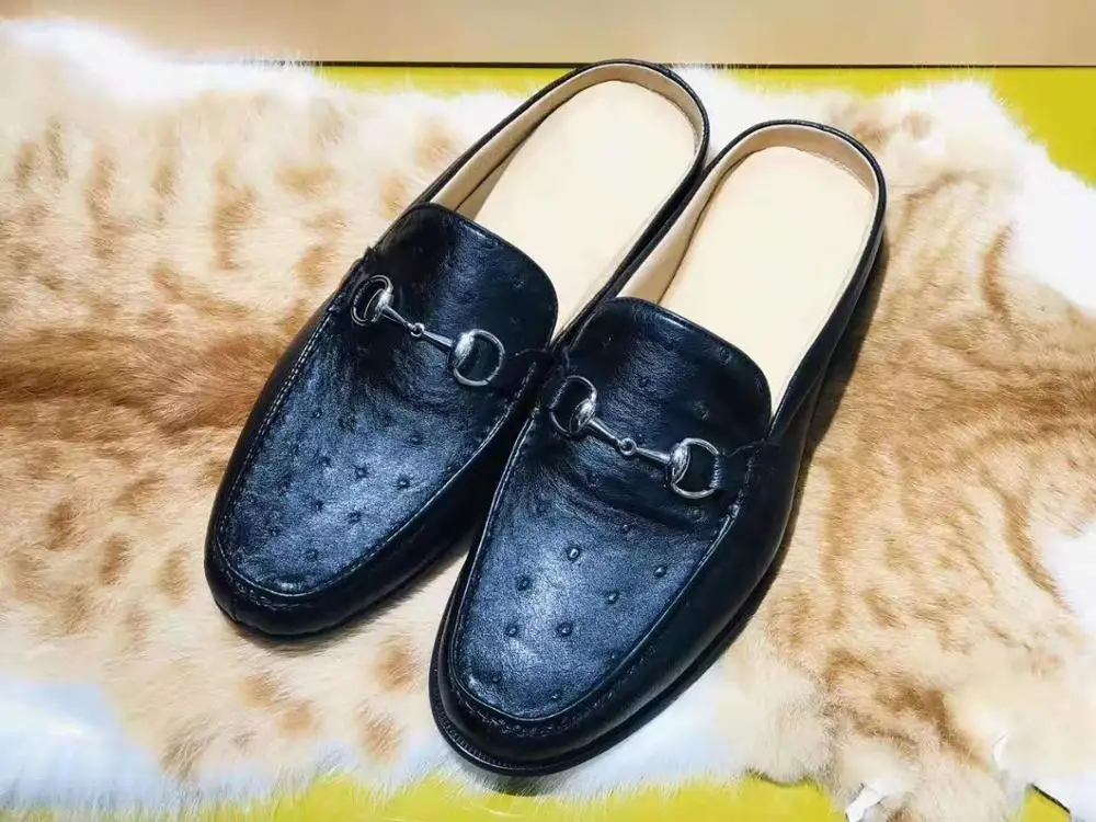 Newly top quality genuine ostrich skin men shoe fashin leisure flat shoe 2019 black ostrich skin men slipper cool sneaker shoe