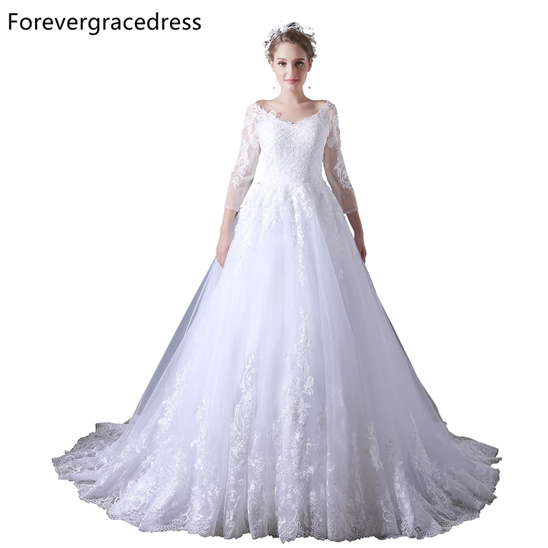 Forevergracedress Cheap Elegant Wedding Dress Gorgeous V Neck Long Sleeves Lace Bridal Gown Plus Size Custom Made