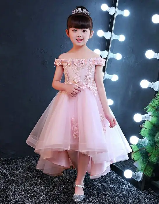 2017 New Shoulderless Flower Girls Dresses For Wedding Appliques Formal Girl Birthday Party Dress Red Lace Princess Ball Gown