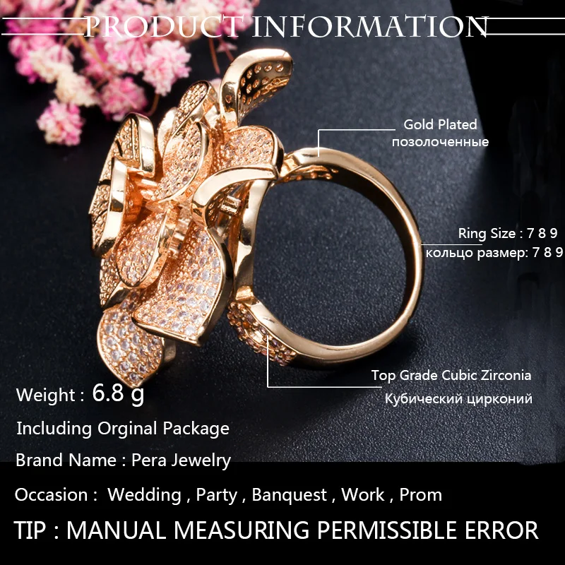 Pera Luxury Big Statement Leaf Cluster Shape for Women Wedding CZ Stone Yellow Gold Color Bridal Finger Rings Jewelry Gift R091