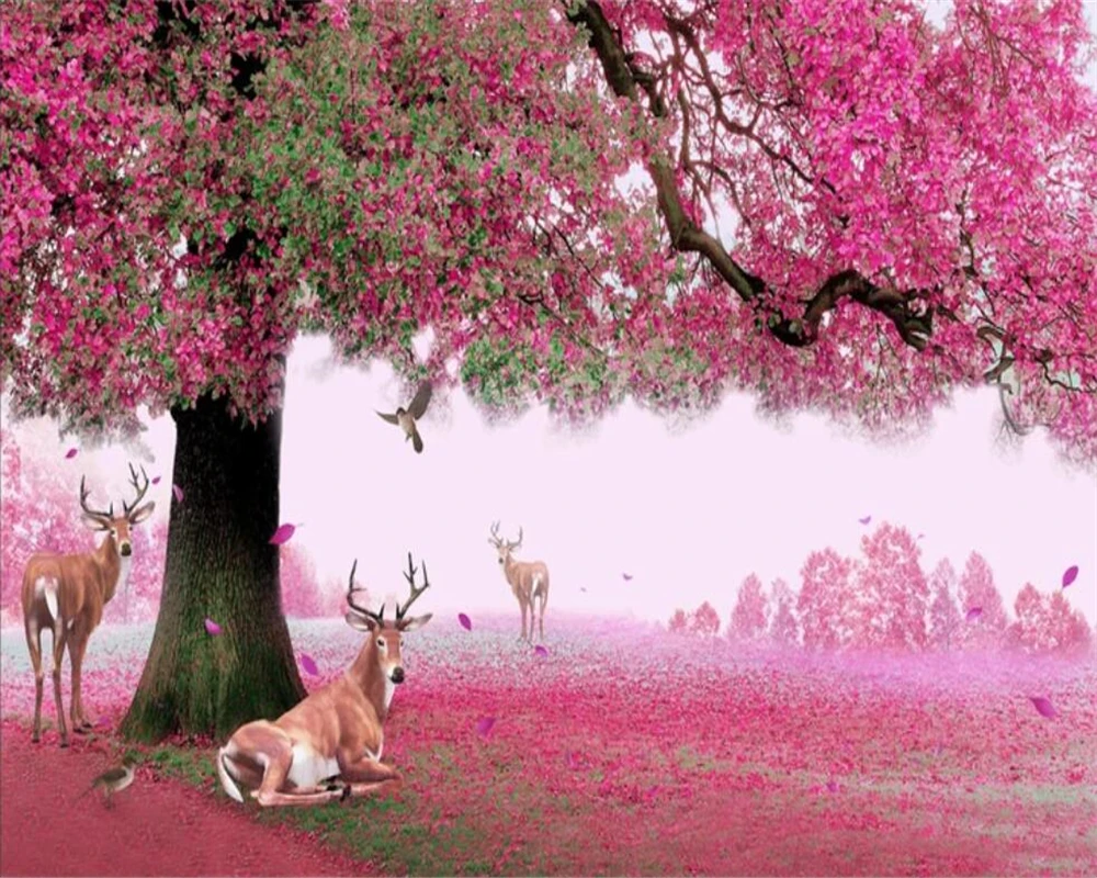 Beibehang Custom wallpaper 3d photo mural dreamy tree sika deer cherry red leaf background wall papers home decor papel de pared