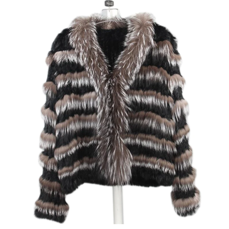 

real fox fur coat knitted Real rabbit & silver fox fur coat jacket overcoat women's fashion winter warm genuine fur coat outwear