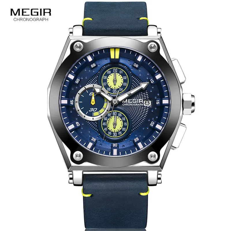 Megir Men\'s Leather Strap Quartz Watches Army Sports Chronograph Waterproof Wristwatch for Man Luminous Relogios Clock 2098 Blue