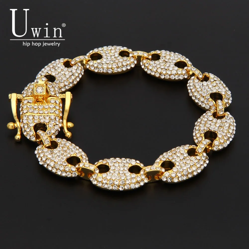 UWIN 13mm ziarna kawy Rhinestone bransoletka łańcuch Hip hop złoty Link moda Punk Choker piękna biżuteria 8 cal