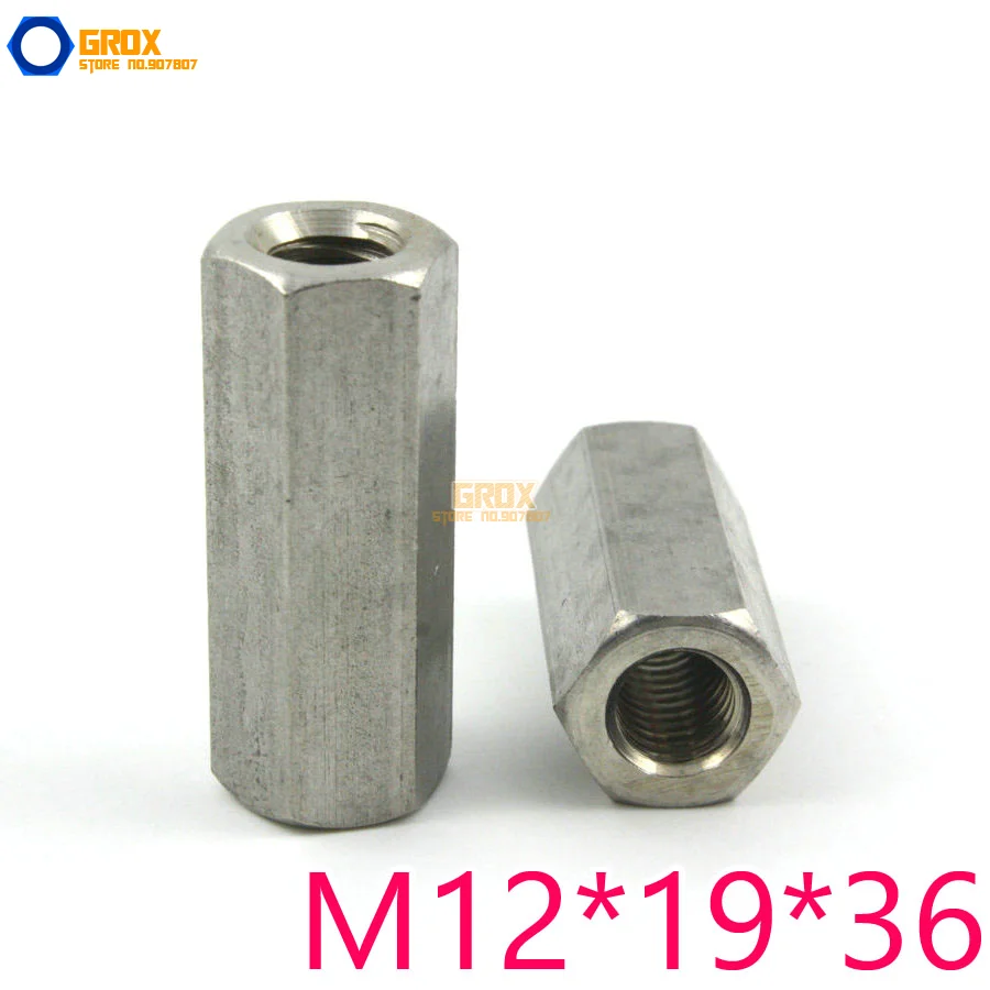 2 Pieces M12*19*36mm Hex Rod Coupling Nut 304 Stainless Steel