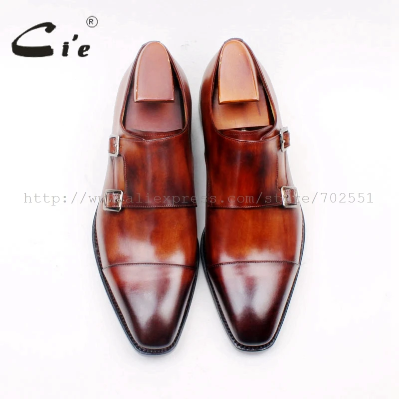 cie Square Cap Plain Toe Hand-Painted Brown Double Monk Straps 100% Genuine Calf Leather Italian Goodyear Welted  Men ShoeMS155