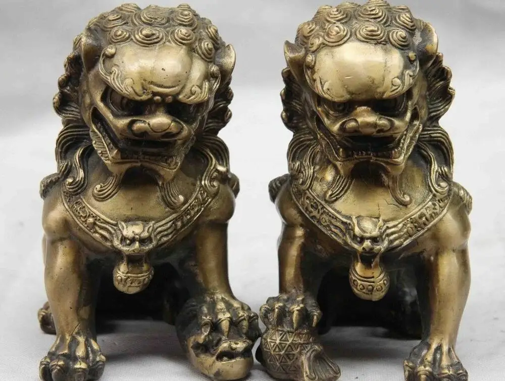 Free Shipping  A Pair 17cm China Copper Bronze Fengshui Town House Evil Foo Dog Lion Bead Ball Statue