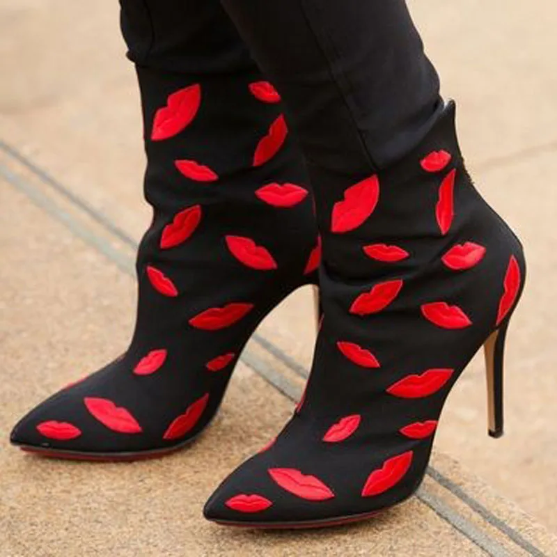 Sexy Spring Red Lips Machine Embroidery Ankle Boots Women Street Pointed toe  Stiletto High Heels Short Bottines Shoes