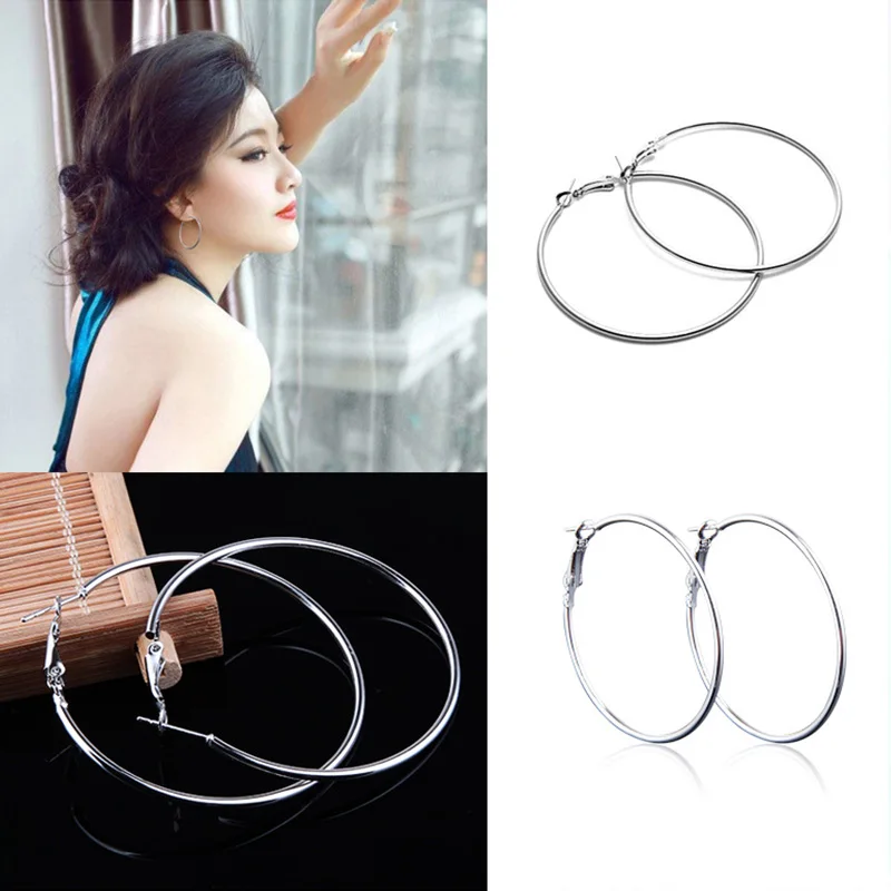 1 pair Women Hoop Earrings Silver Color Metal Big Circle Smooth Large Big Round Hoop Earrings Sexy Fashion Ear Jewelry