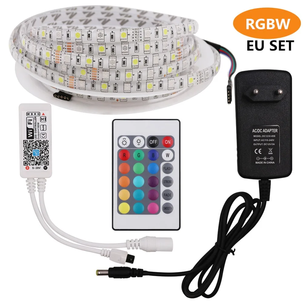 RGB/RGBW/RGBWW LED Strip Light 12V Waterproof 60Led/m Flexible Diode Light Tape Wifi Remote Controller Power Supply Kit