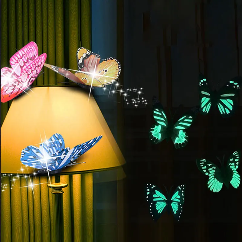 12 Pcs Simulation Luminous Butterfly 3D Wall Sticker Home Festival Decoration Glow In The Dark Magnet Butterflies Stickers 8cm