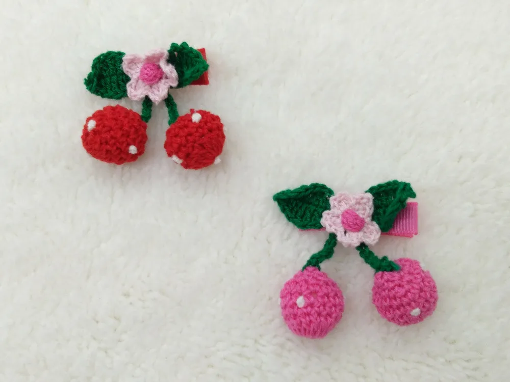 Boutique 30pcs/3C Fashion Cute Crochet Cherry Girls Hairpins Solid Kawaii Floral Pom Pom Hair Clips Headwear Accessories