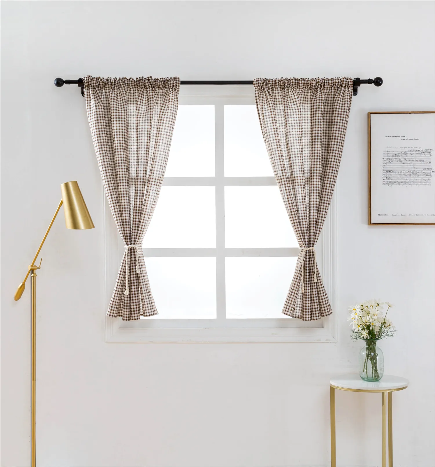 2020 new short Curtain gird coffe style Kitchen cotton linen Curtain Semi-shade Small Curtain for Home decoration 1pic 1m wide