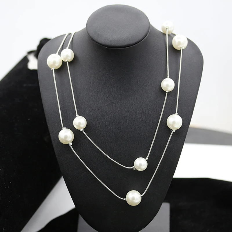 Luxury Double Chains Big Simulated Pearl Graceful Lady Necklace Fashion Necklace for Women Jewelry (around 72cm)