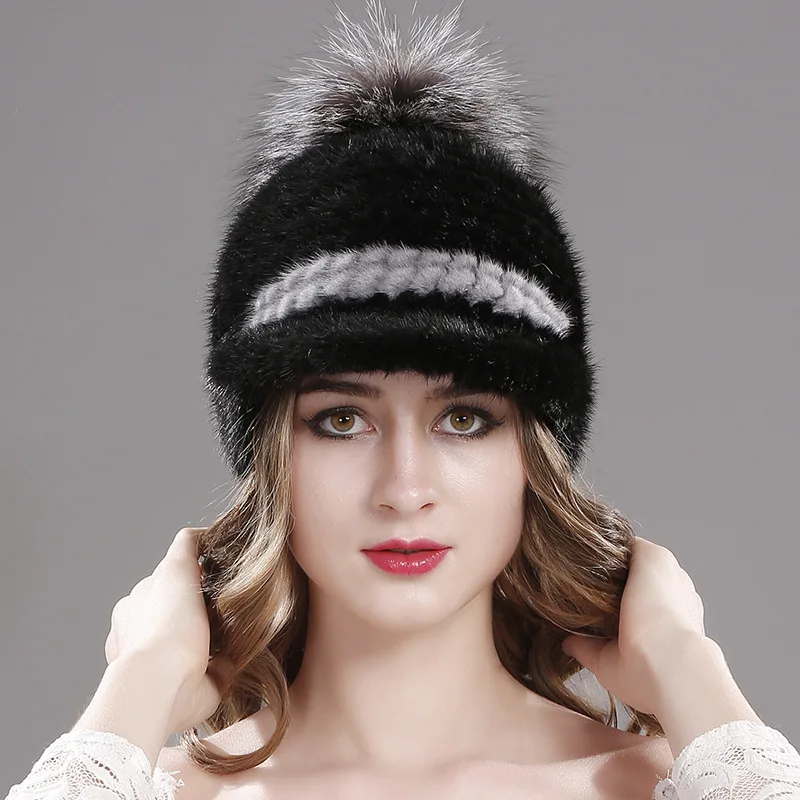 Winter New Mink Fur Knitted Visor Hat Women Fashion Fox Fur Ball Pompom Cap Female Thickened Warm Outdoor Casual Lady Caps H7058