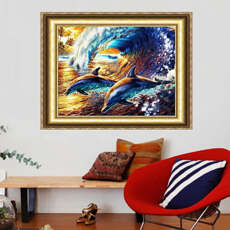 Dolphins Rough Sea Diy Diamond Painting 40*30cm Decoration Painting Handwork Resinstone Square Full Drill Picture Unfinish