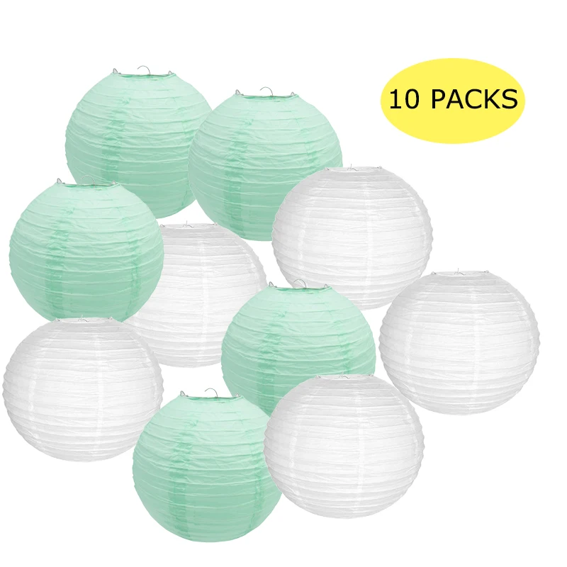 10 Pcs White & Mint Green Chinese round Paper Lanterns Wedding Party Event Decorations Hanging Lampions Boule Papier