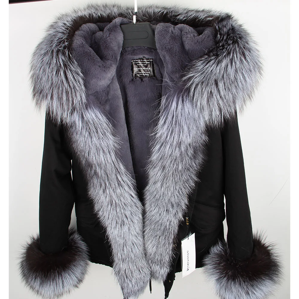 maomaokong Winter Real Raccoon Fur Collar Parkas Faux Fur lining Short women fur Coat Jacket