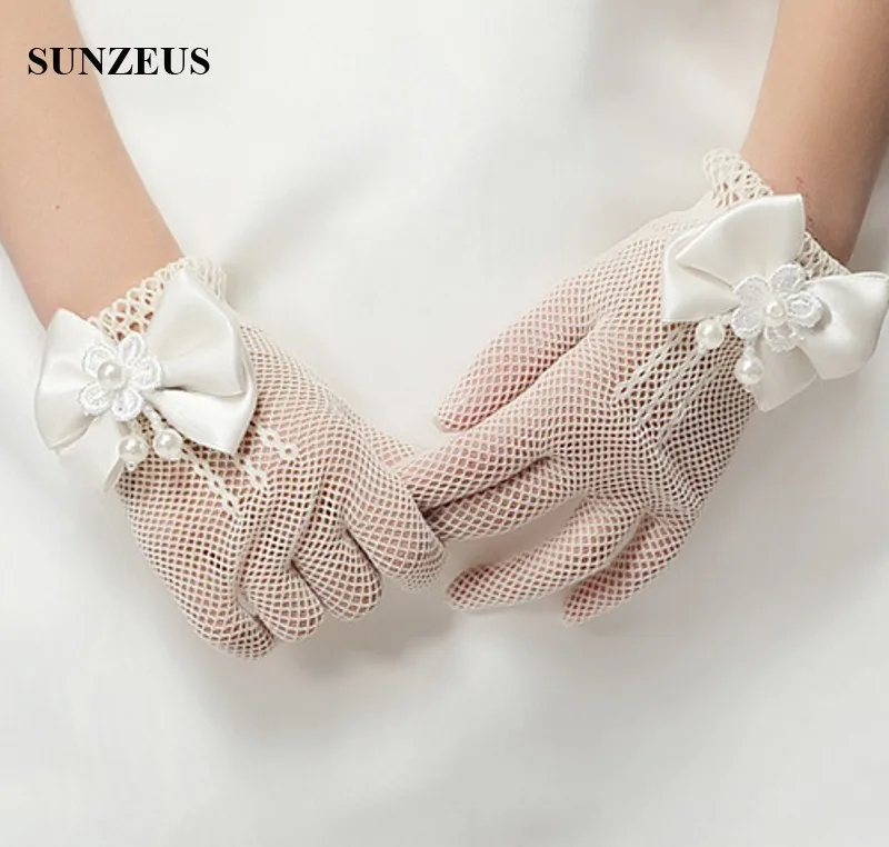 White/Ivory Girls Gloves Elastic Tulle Children Gloves For Wedding Wrist Length Finger Kids Wedding Gloves Short BV-015